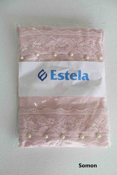 روسری آماده کودک گیپور مروارید دار صورتی روشن برند Estela 