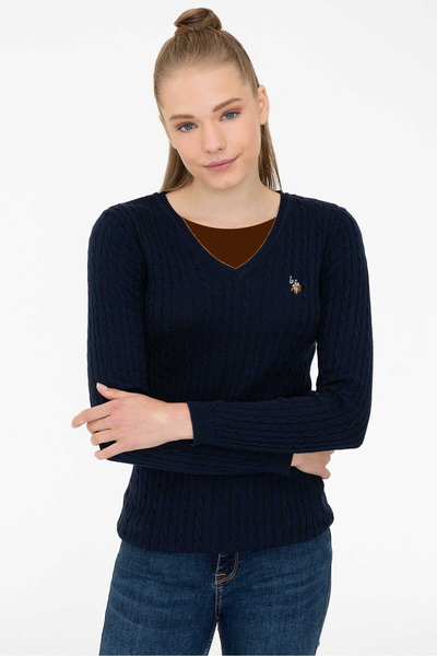 پلیور بافتنی یقه هفت طرح دار زنانه سرمه ای برند U.S. Polo Assn