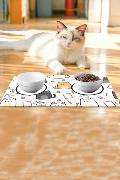 تشک غذای گربه - سگ طرح دار بدون لغزش سفید برند Babil Halı