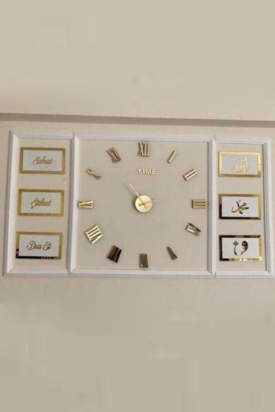 ساعت دیواری پلکسی مدل اعداد رومی همراه ست 6 عددی پانل دیواری سفید طلایی