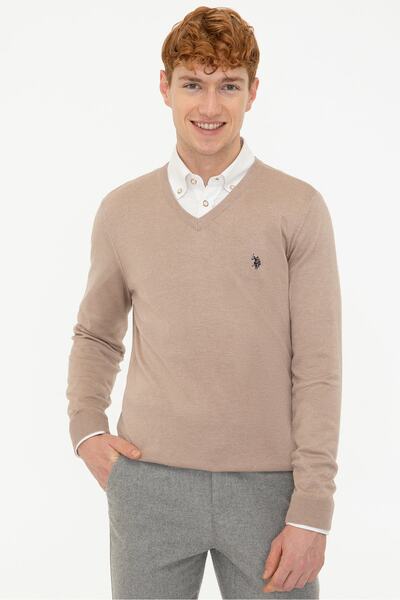 پلیور کشباف یقه هفت مردانه بژ تیره برند U.S. Polo Assn