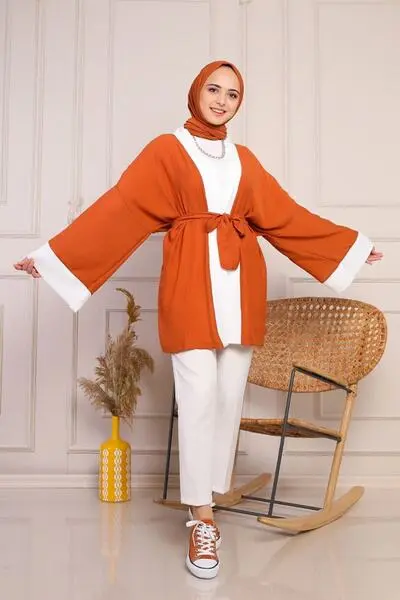 کیمونو کوتاه کمربند دار زنانه نارنجی برند Defne Bahar 