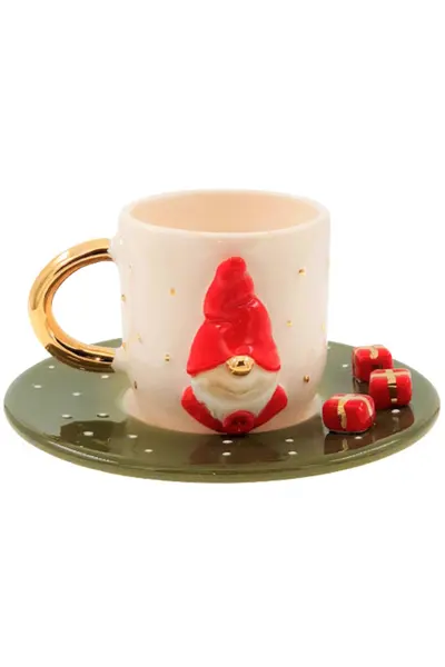 فنجان قهوه خوری طلاکاری شده طرح کوتوله کریسمس همراه نعلبکی شیری طلایی 