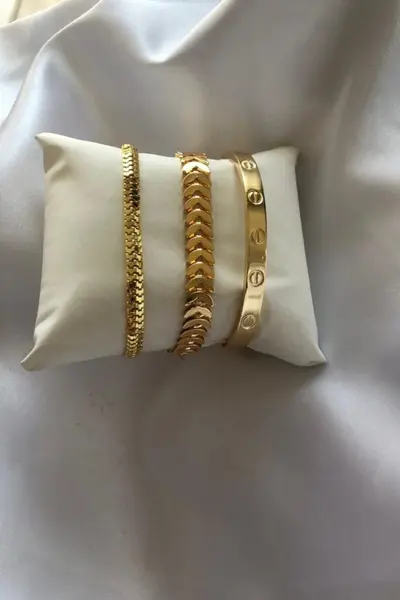 دستبند استیل زنانه طلایی مجموعه 3 عددی برند BERS AKSESUAR