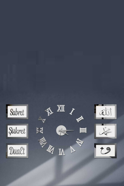 ساعت دیواری پلکسی مدل اعداد رومی همراه ست 6 عددی پانل دیواری سفید نقره ای