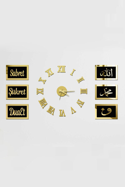 ساعت دیواری پلکسی مدل اعداد رومی همراه ست 6 عددی پانل دیواری مشکی طلایی