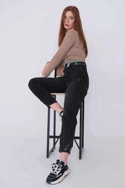 شلوار جین مام استایل زاپ دار زنانه ذغالی برند Addax 