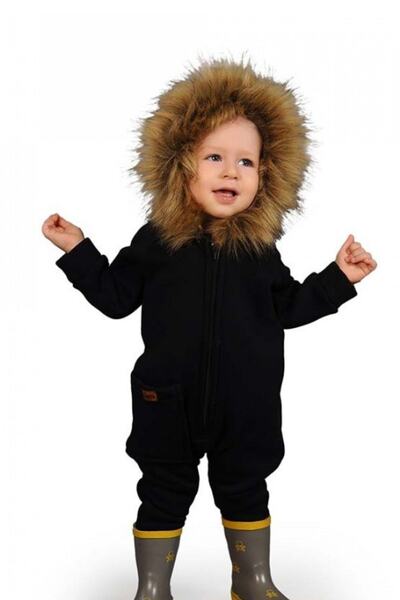 سرهمی زمستانه بچه گانه یونیسکس زیپی کلاه خز دار مشکی برند Ares Kids Fashion