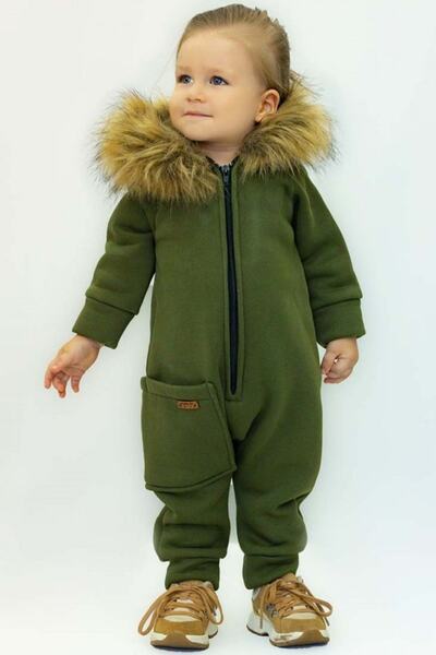 سرهمی زمستانه بچه گانه یونیسکس زیپی کلاه خز دار سبز برند Ares Kids Fashion