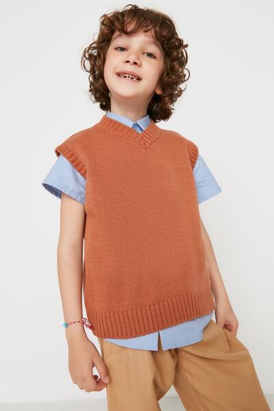 ژاکت بافتنی یقه هفت بچه گانه پسرانه آجری برند TRENDYOLKIDS