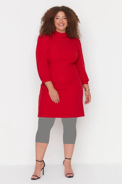 پیراهن کوتاه یقه ایستاده سایز بزرگ زنانه قرمز برند Trendyol Curve 