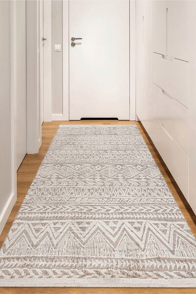 قالیچه بلند طرح دار سفید طوسی برند Konfor Halı