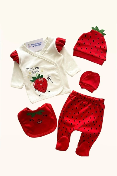 ست 5 تکه لباس نوزاد دختر طرح توت فرنگی قرمز برند Nonna Baby