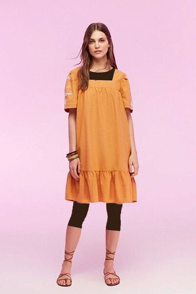 پیراهن کوتاه چین دار یقه مربع آستین گلدوزی زنانه نارنجی برند Mudo 