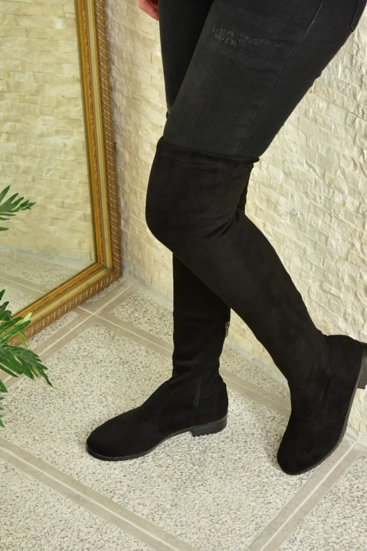 بوت بلند جیر مدل جورابی زنانه مشکی برند Fox Shoes