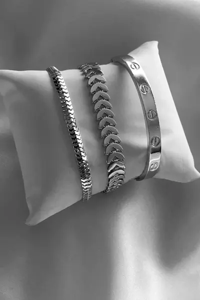 دستبند استیل زنانه نقره ای مجموعه 3 عددی برند BERS AKSESUAR