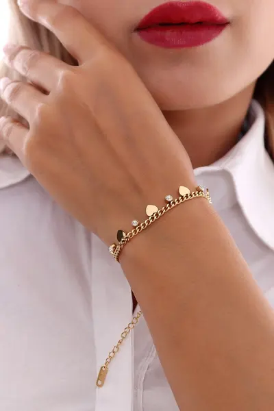 دستبند استیل زنانه مدل قلب و نگین طلایی