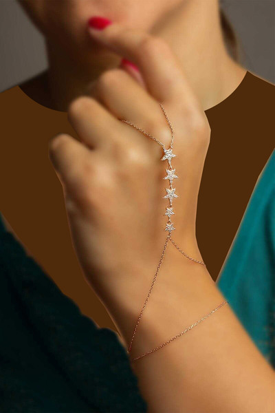 دستبند انگشتری زنانه زنجیری سنگ دار مدل ستاره رز گلد
