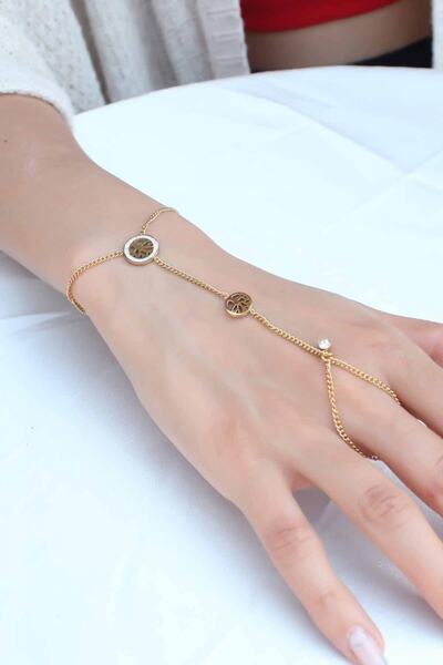دستبند انگشتری زنانه زنجیری مهره دار طلایی برند GUCSO 