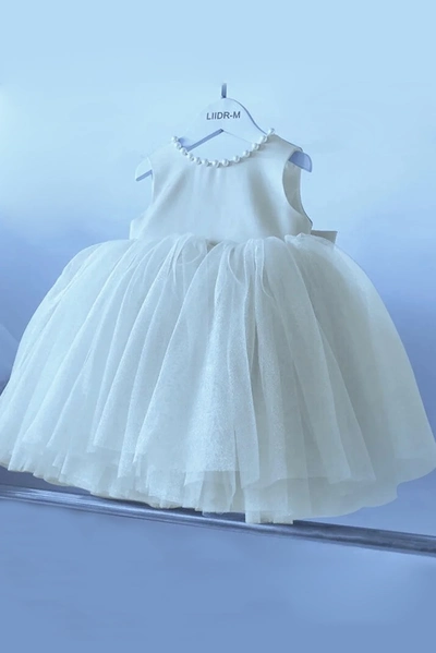 لباس مجلسی پرنسسی یقه مروارید دار دخترانه سفید