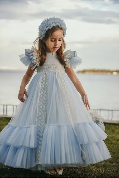 ست لباس مجلسی پرنسسی - کیف - تل دخترانه آبی روشن 