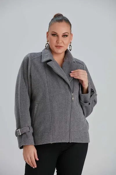 کت زمستانه یقه انگلیسی زیپی سایز بزرگ زنانه خاکستری برند Rmg 