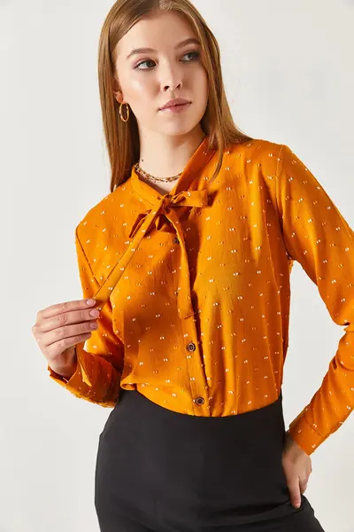 پیراهن آستین بلند یقه کراواتی زنانه خردلی برند armonika