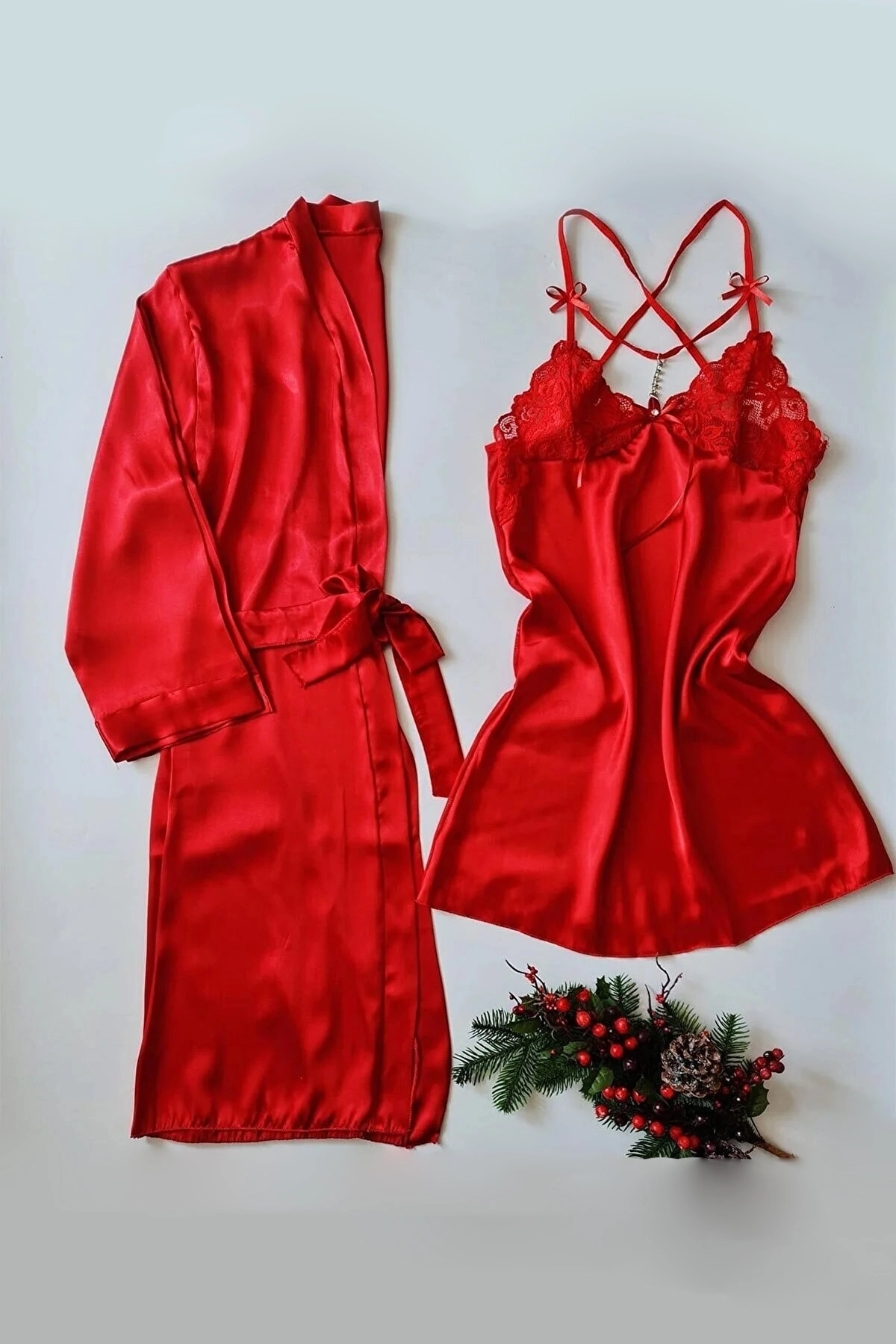 ست 4 تکه لباس خواب ساتن زنانه قرمز 