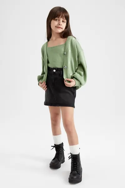 ست دو تکه تاپ - ژاکت بافتنی دخترانه سبز برند Defacto