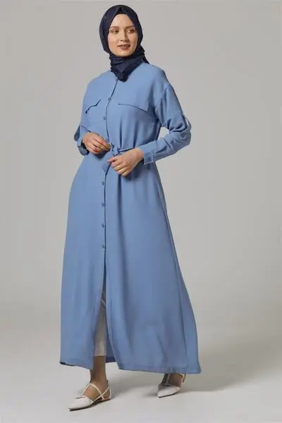 مانتو بلند زنانه کمربند دار دکمه ای برند آبی برند Tuğba