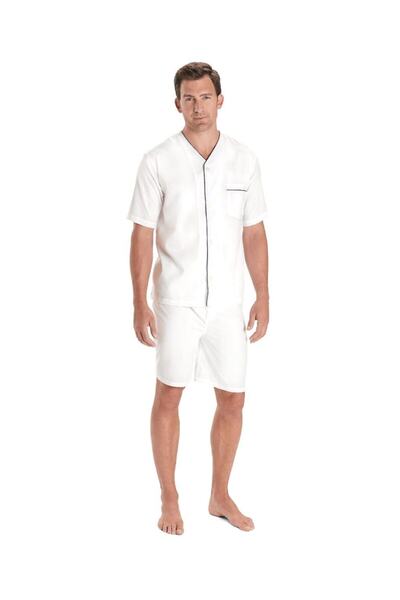 ست لباس خواب مردانه پیراهن شلوارک یقه هفت دکمه ای سفید برند BROOKS BROTHERS