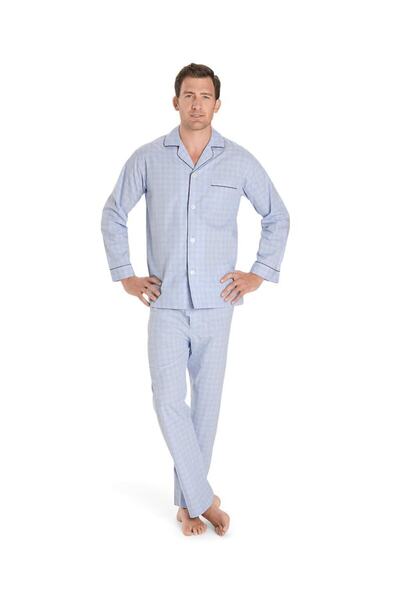 ست لباس خواب مردانه یقه ترکیبی شطرنجی آبی روشن برند BROOKS BROTHERS