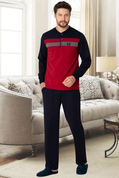 ست پیژامه سایز بزرگ آستین بلند یقه هفت دکمه دار مردانه سرمه ای قرمز برند By Mecit Pijama 