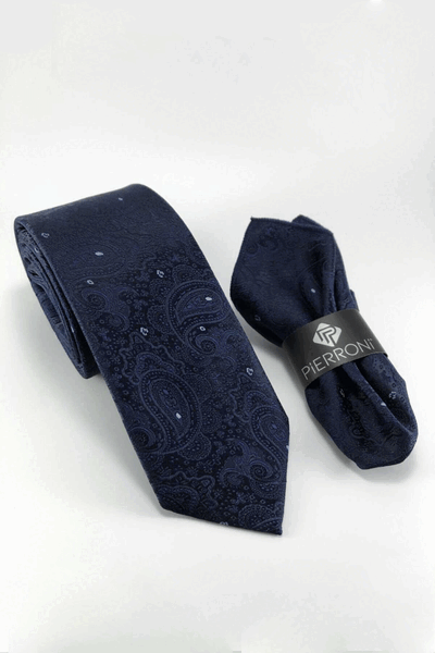 ست کراوات دستمال جیبی مردانه طرح دار سرمه ای برند PİERRONİ 