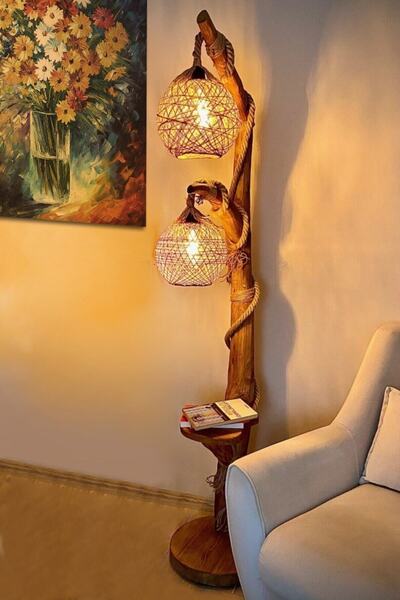 چراغ پایه دار چوبی - کنفی دو حبابی 140 سانتی قهوه ای برند Cosargroup